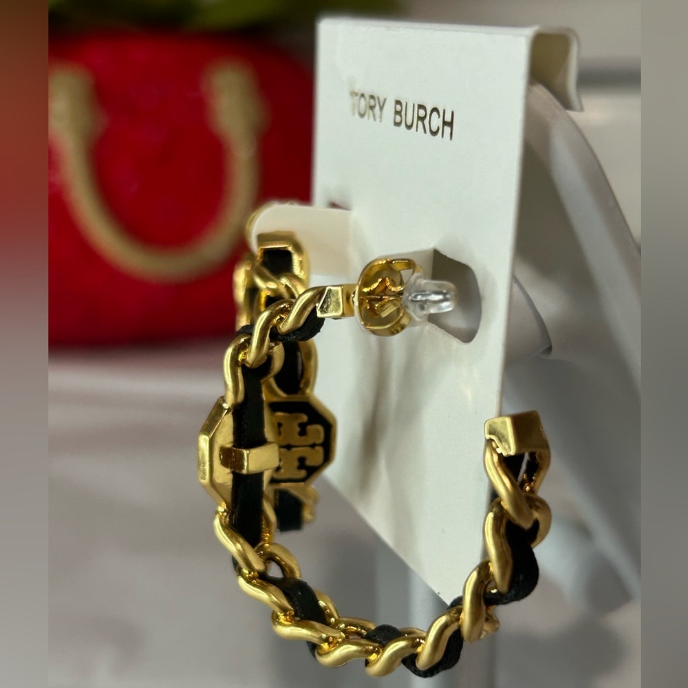 Tory Burch black and gold Marion woven hoops earrings - Picture 3 of 5